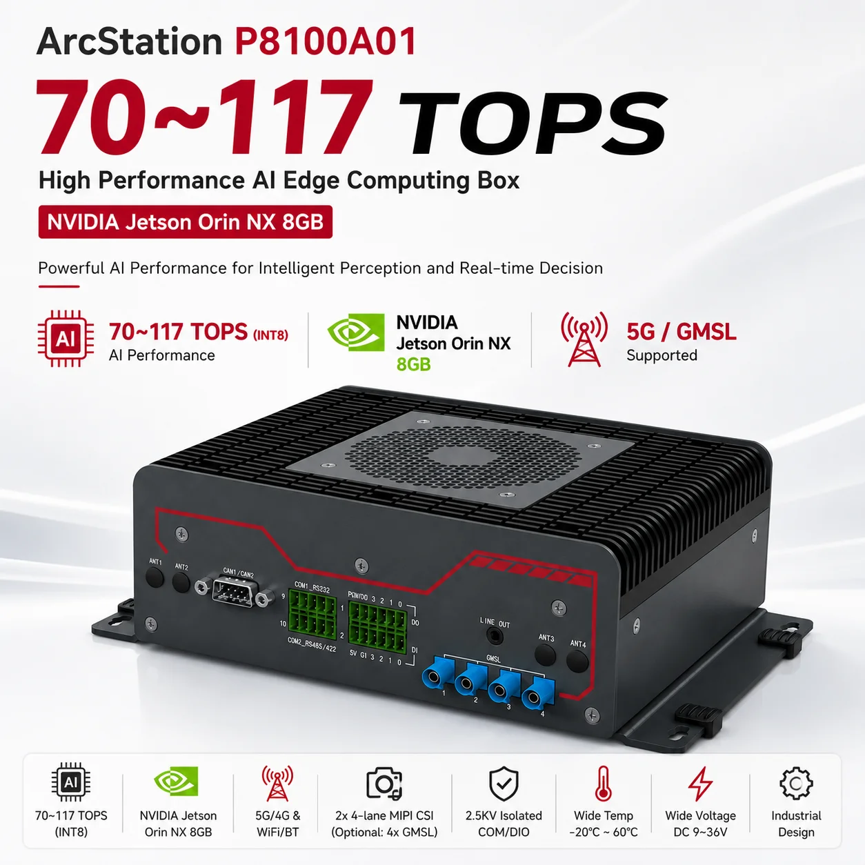 70-157TOPS Jetson Orin NX 8GB / 16GB AI Edge Computing Box for Smart Traffic & Vision AI
70-157TOPS Jetson Orin NX 8GB / 16GB AI Edge Computing Box for Smart Traffic & Vision AI