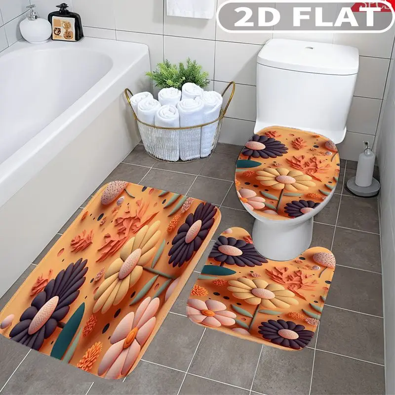3pcs Bathroom Rug Set Floral Pattern With Orange & Purple Flowers Non-Slip Include Bath Rug Contour Mat and Toilet Lid Cover Mat
3pcs Bathroom Rug Set Floral Pattern With Orange & Purple Flowers Non-Slip Include Bath Rug Contour Mat and Toilet Lid Cover Mat