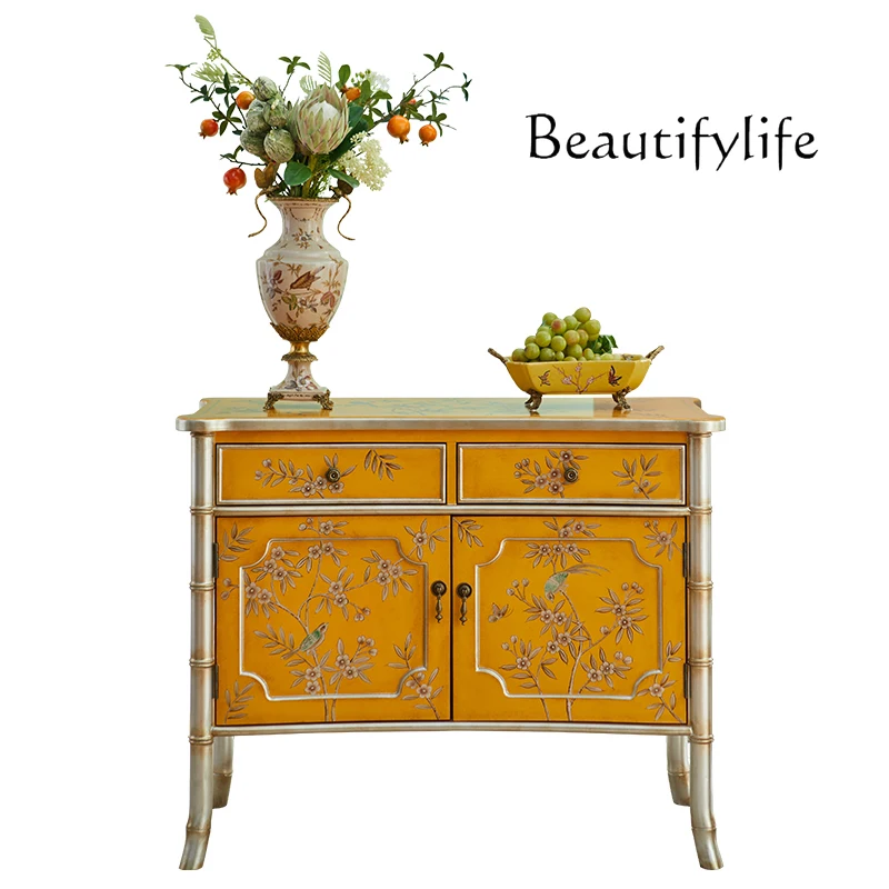 Retro solid wood dining side cabinet, golden European art hand-painted entrance decorative cabinet, yellow tea cabinet
Retro solid wood dining side cabinet, golden European art hand-painted entrance decorative cabinet, yellow tea cabinet