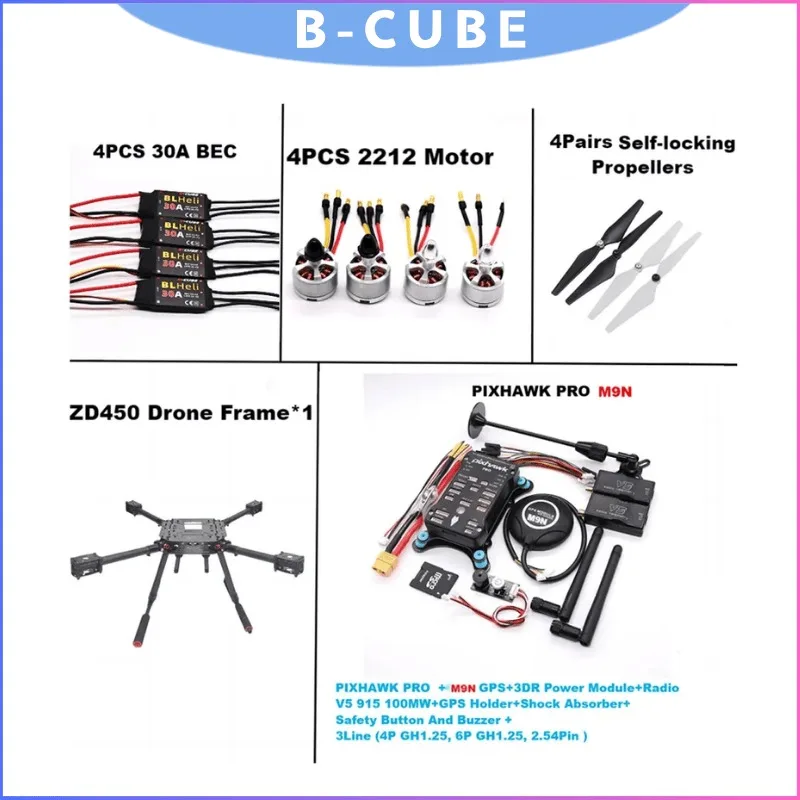 Комплект квадрокоптера B-CUBE 450 мм из углеродного волокна с контроллером полета PIXHAWK PRO, GPS M9N и телеметрия 433/915 МГц
Комплект квадрокоптера B-CUBE 450 мм из углеродного волокна с контроллером полета PIXHAWK PRO, GPS M9N и телеметрия 433/915 МГц