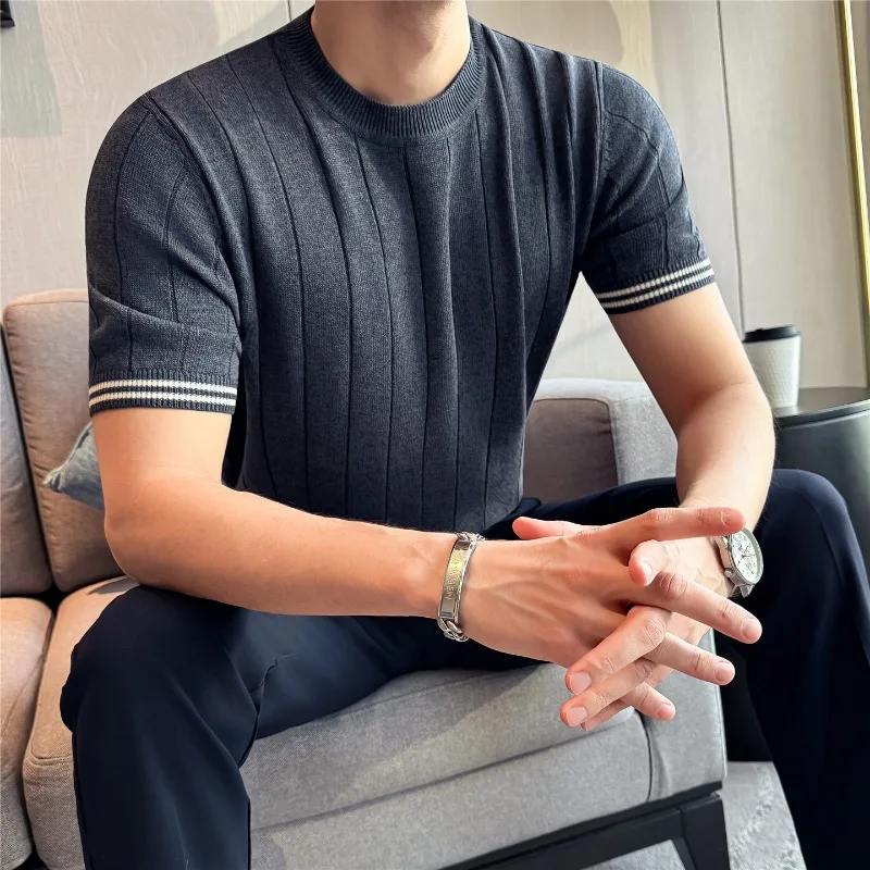 Summer Thin Short Sleeved T-shirt Solid Color Stripe Loose Casual Top High Stretch T-shirt Fashion High Quality Men Clothing
Summer Thin Short Sleeved T-shirt Solid Color Stripe Loose Casual Top High Stretch T-shirt Fashion High Quality Men Clothing