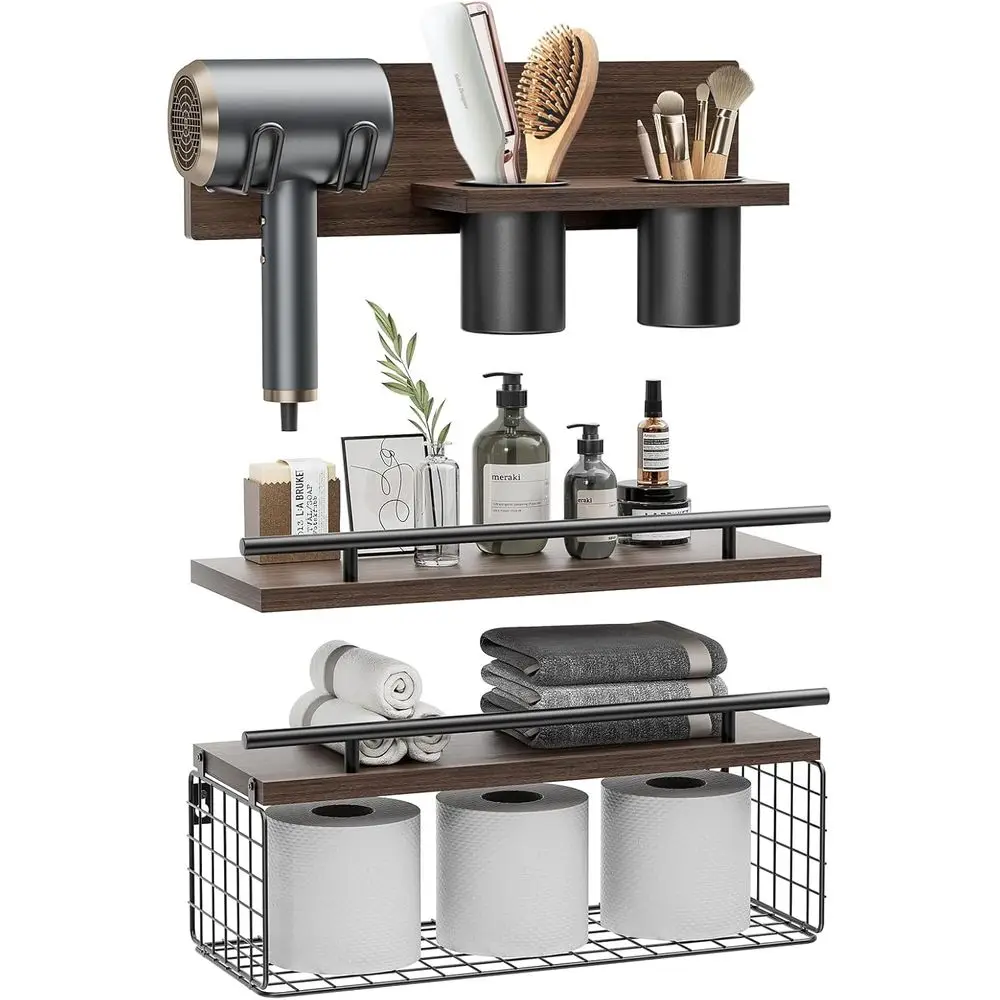 Bathroom Floating Shelves with Hair Dryer Holder - Wall Mounted Wood Wall Shel with Blow Dryer Storage Over The Toilet - Set of
Bathroom Floating Shelves with Hair Dryer Holder - Wall Mounted Wood Wall Shel with Blow Dryer Storage Over The Toilet - Set of