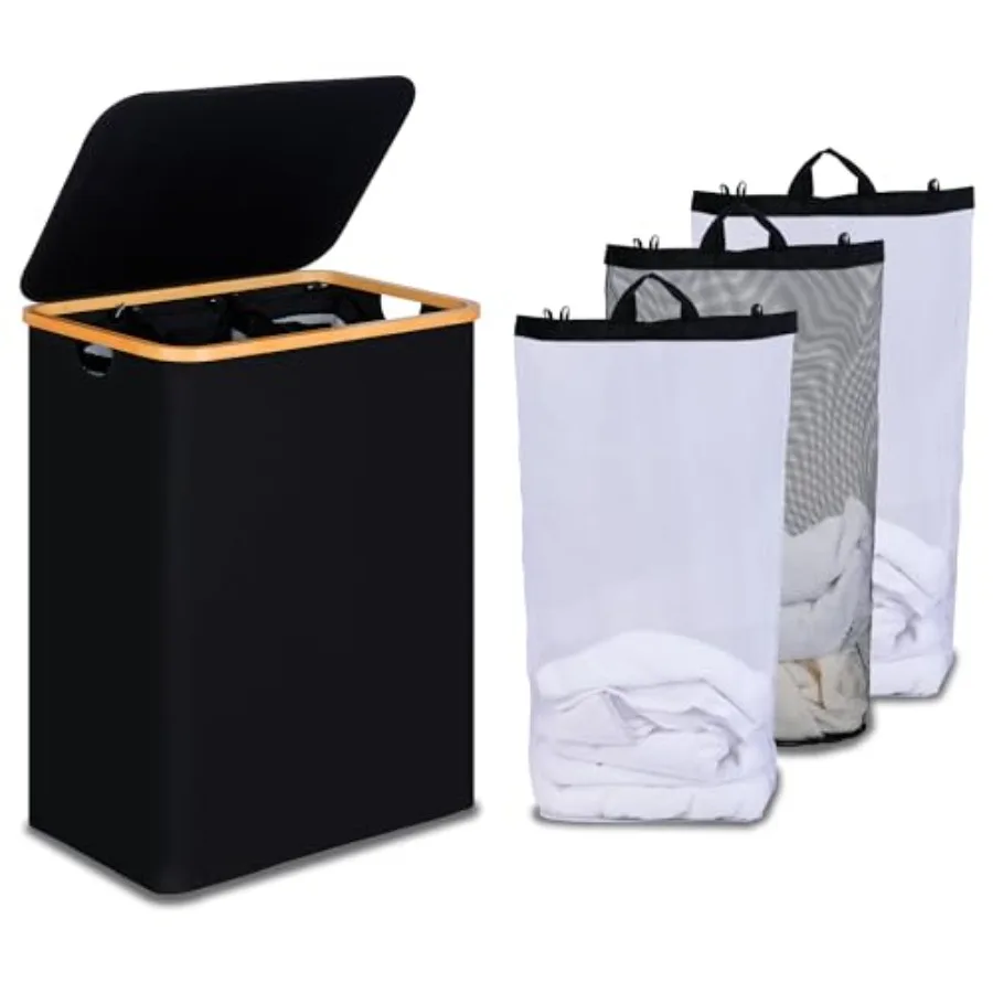 Laundry Hamper with Lid, Trio Laundry Basket with 2 Removable Bags, 3 Section Laundry Bin with Bamboo Handles for Bathroom, Bed
Laundry Hamper with Lid, Trio Laundry Basket with 2 Removable Bags, 3 Section Laundry Bin with Bamboo Handles for Bathroom, Bed