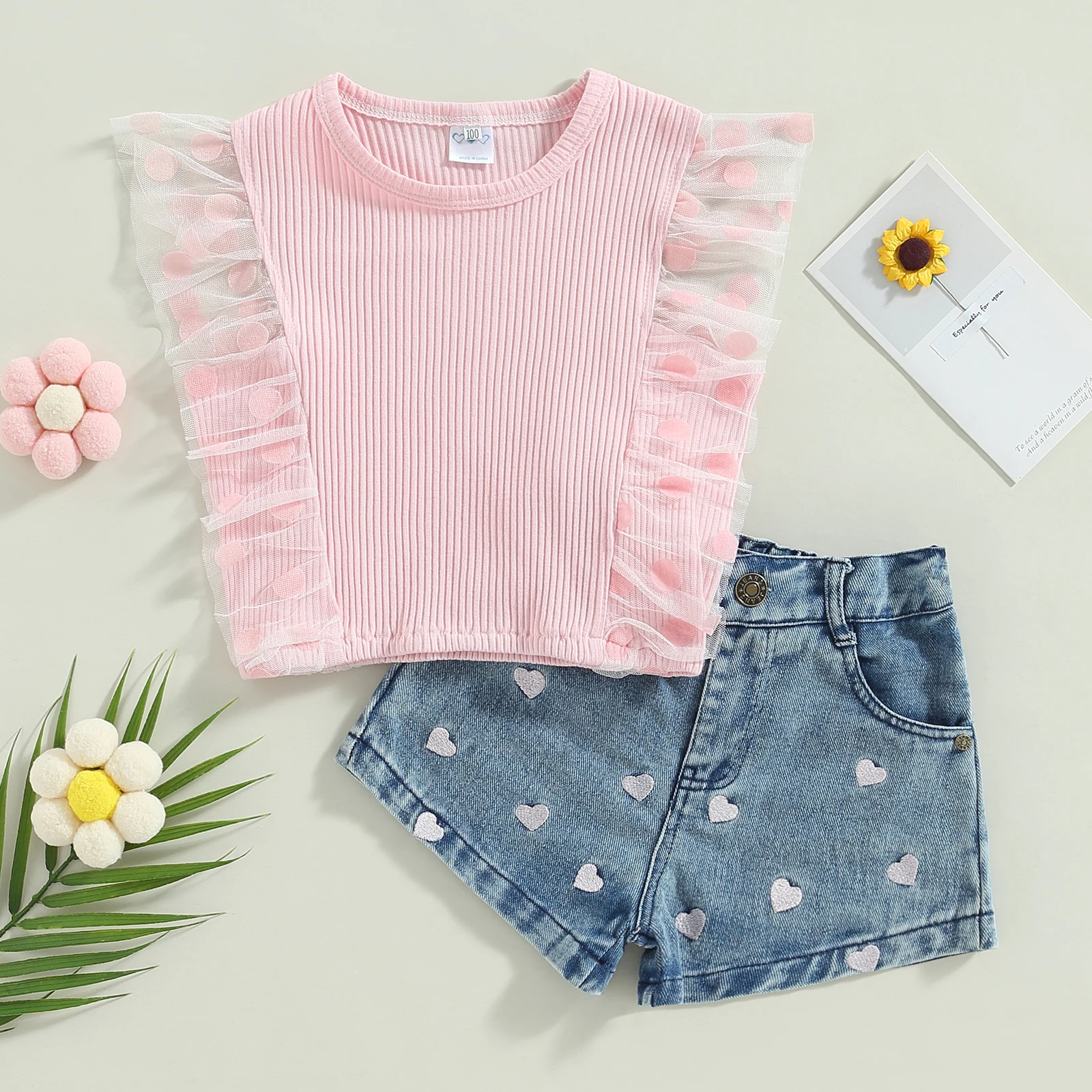 Baby Kids Girls Shorts Set Sleeveless Crew Neck Dots Tulle Patchwork Tank Top With Embroidery Hearts Shorts Summer Outfit
Baby Kids Girls Shorts Set Sleeveless Crew Neck Dots Tulle Patchwork Tank Top With Embroidery Hearts Shorts Summer Outfit