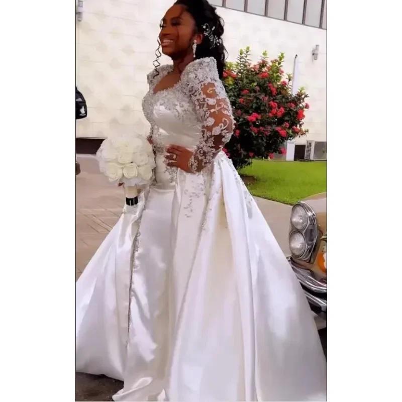 Customized 2025 Arabic Aso Ebi Mermaid Wedding Dresses With Detachable Train African Lace Beaded Pearls Vintage Long Sleeve Brid
Customized 2025 Arabic Aso Ebi Mermaid Wedding Dresses With Detachable Train African Lace Beaded Pearls Vintage Long Sleeve Brid