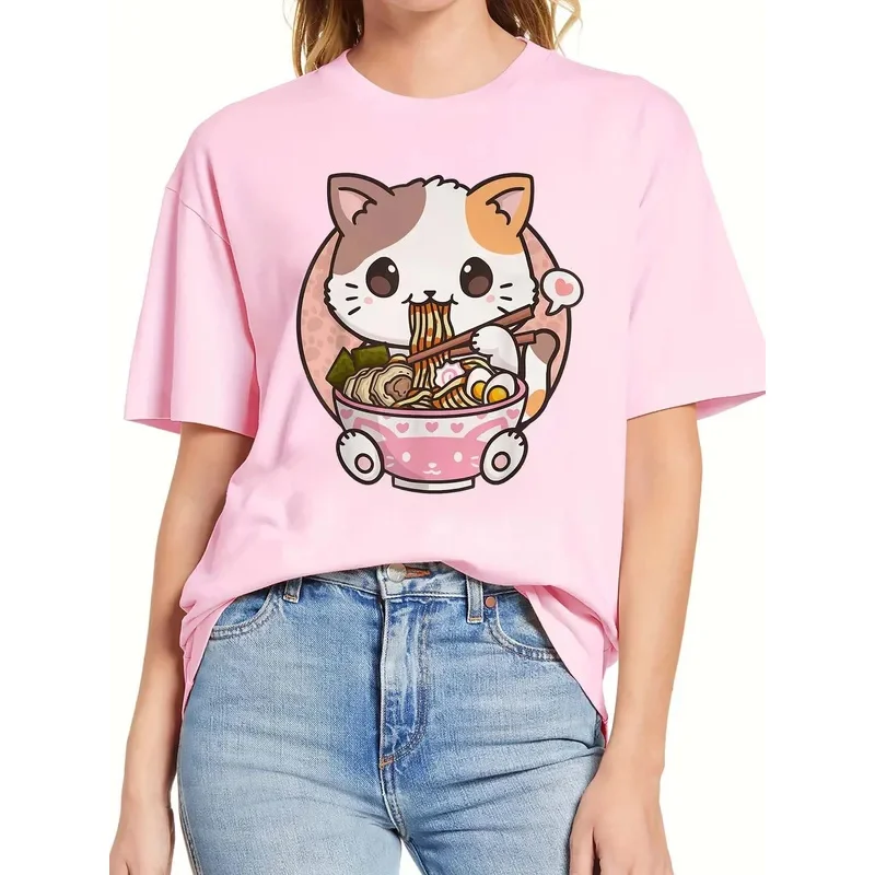 Cat ramen anime print T-shirt, casual short sleeve summer T-shirt, women's clothing
Cat ramen anime print T-shirt, casual short sleeve summer T-shirt, women's clothing