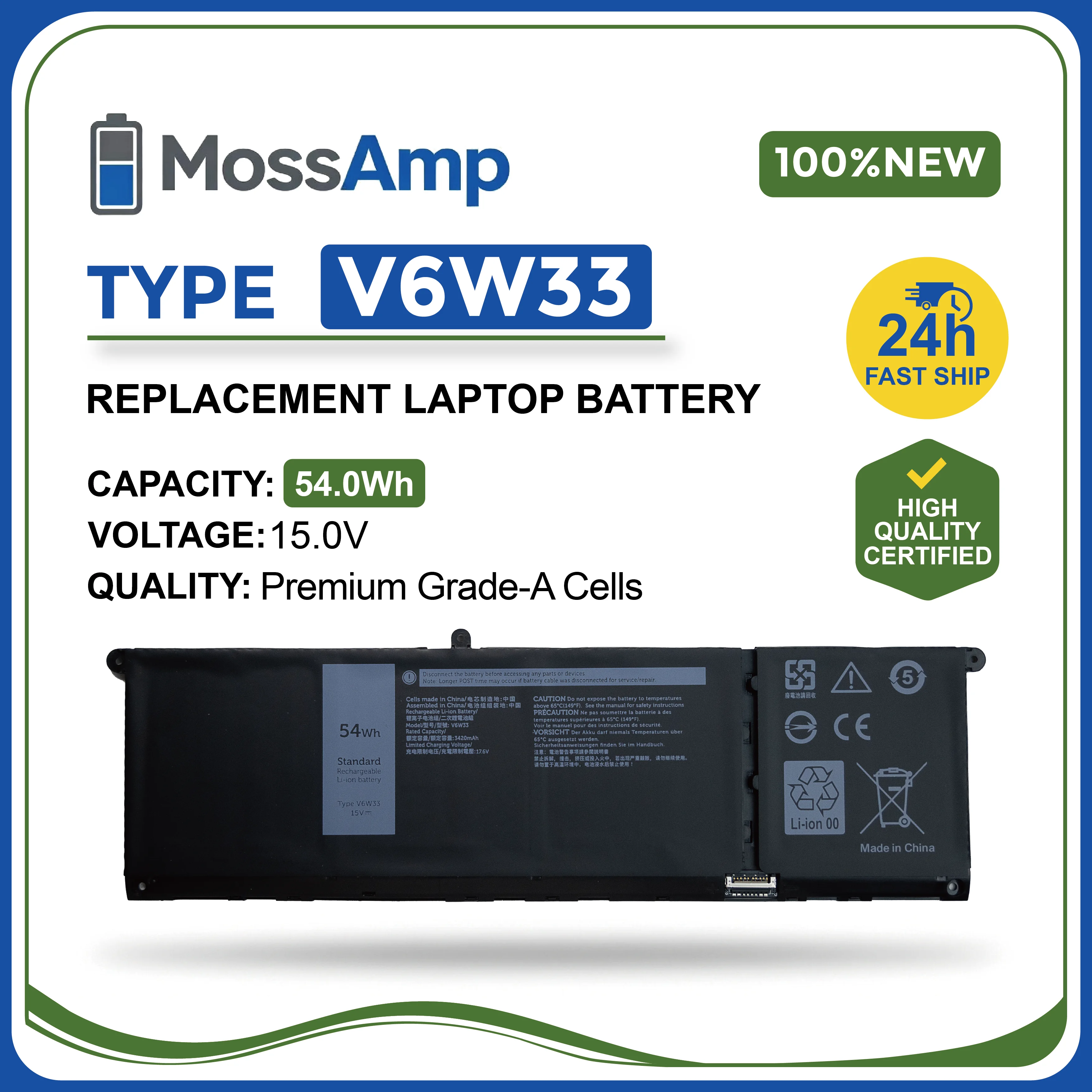 MossAmp V6W33 Laptop Battery for DELL Inspiron 14 15 16 5310 P145G P157G002 Vostro 16 5630 5635 5640 Compatible with N9XX1 XDY9K
MossAmp V6W33 Laptop Battery for DELL Inspiron 14 15 16 5310 P145G P157G002 Vostro 16 5630 5635 5640 Compatible with N9XX1 XDY9K
