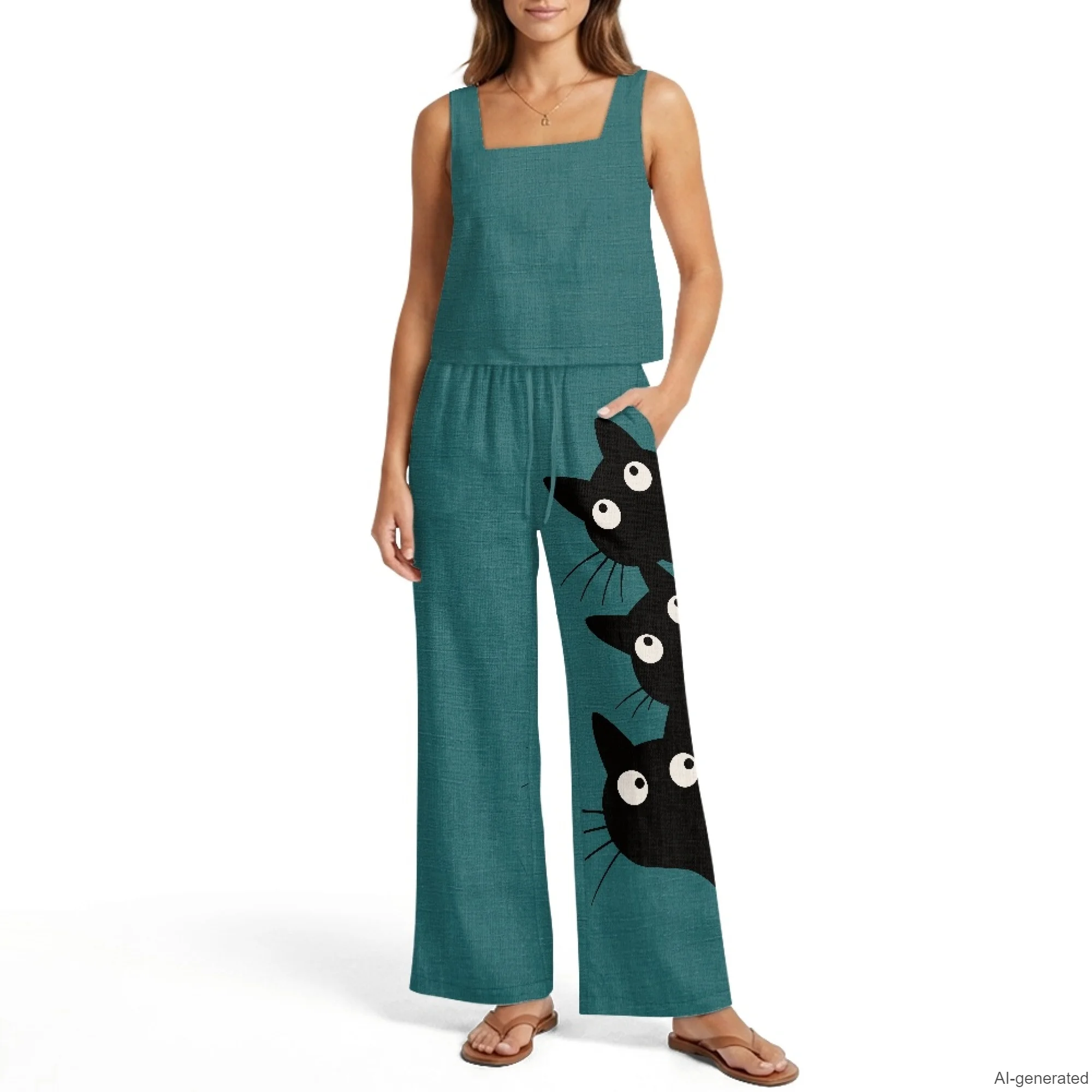 INSTANTARTS Women's Vest Wide-Leg Pants Linen Suit 2Pc Summer Casual Outfits Cat Print Sleeveless Vest Wide Leg Pants S-2XL
INSTANTARTS Women's Vest Wide-Leg Pants Linen Suit 2Pc Summer Casual Outfits Cat Print Sleeveless Vest Wide Leg Pants S-2XL