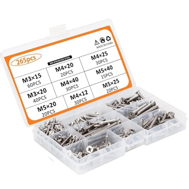 BIESUO 265pcs Cross Countersunk Head Self-tapping Screw Set 304 Stainless Steel Flat Head Cross Self-tapping Screw Set
BIESUO 265pcs Cross Countersunk Head Self-tapping Screw Set 304 Stainless Steel Flat Head Cross Self-tapping Screw Set