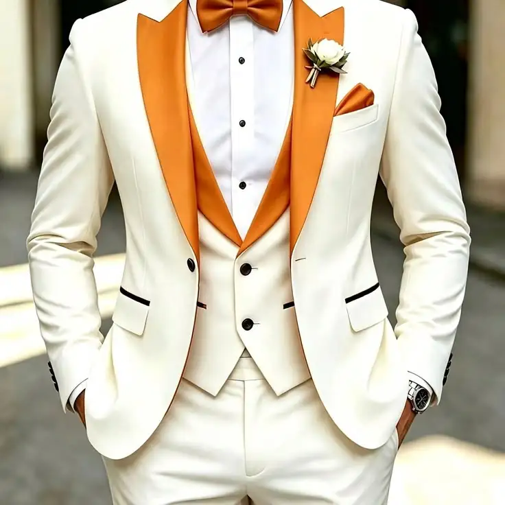 Slim Fit Cream Orange Lapel 3 Piece Tuxedo Men Wedding Groom Blazer Vest Pants Formal Suit
Slim Fit Cream Orange Lapel 3 Piece Tuxedo Men Wedding Groom Blazer Vest Pants Formal Suit