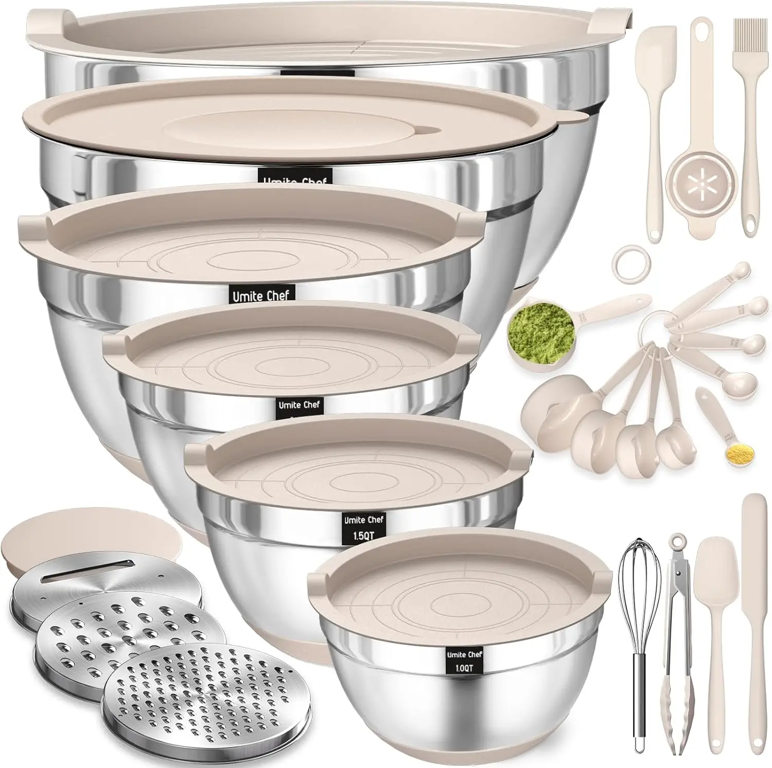 26PCS Stainless Steel Mixing Bowls Set with Airtight Lids, Grater Attachments, Non-Slip Bottoms & Kitchen Tools
26PCS Stainless Steel Mixing Bowls Set with Airtight Lids, Grater Attachments, Non-Slip Bottoms & Kitchen Tools