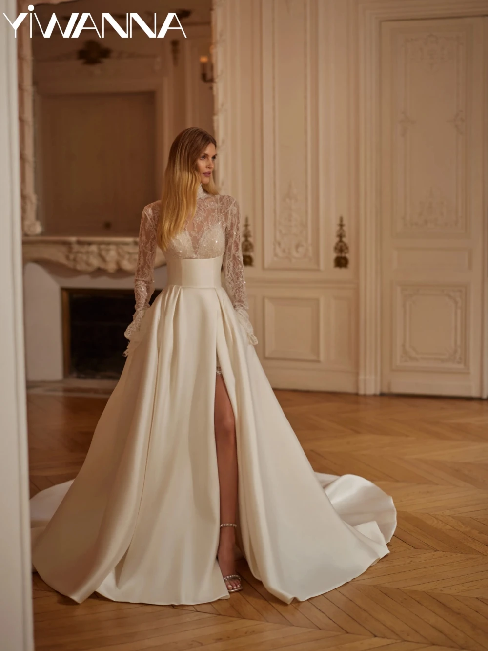New 2 In 1 Beaded Lace A-line Wedding Dress Illusion Long Sleeve High Slit Bridal Gown Customized Ivory Satin Dresses For Bride
New 2 In 1 Beaded Lace A-line Wedding Dress Illusion Long Sleeve High Slit Bridal Gown Customized Ivory Satin Dresses For Bride
