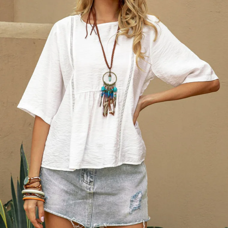 Elegant Summer Cotton Ramie Hollow Patchwork Women Shirt Chic Blouse O Neck Short Sleeve Shirt Plain Casual Basic Tops Blusas
Elegant Summer Cotton Ramie Hollow Patchwork Women Shirt Chic Blouse O Neck Short Sleeve Shirt Plain Casual Basic Tops Blusas