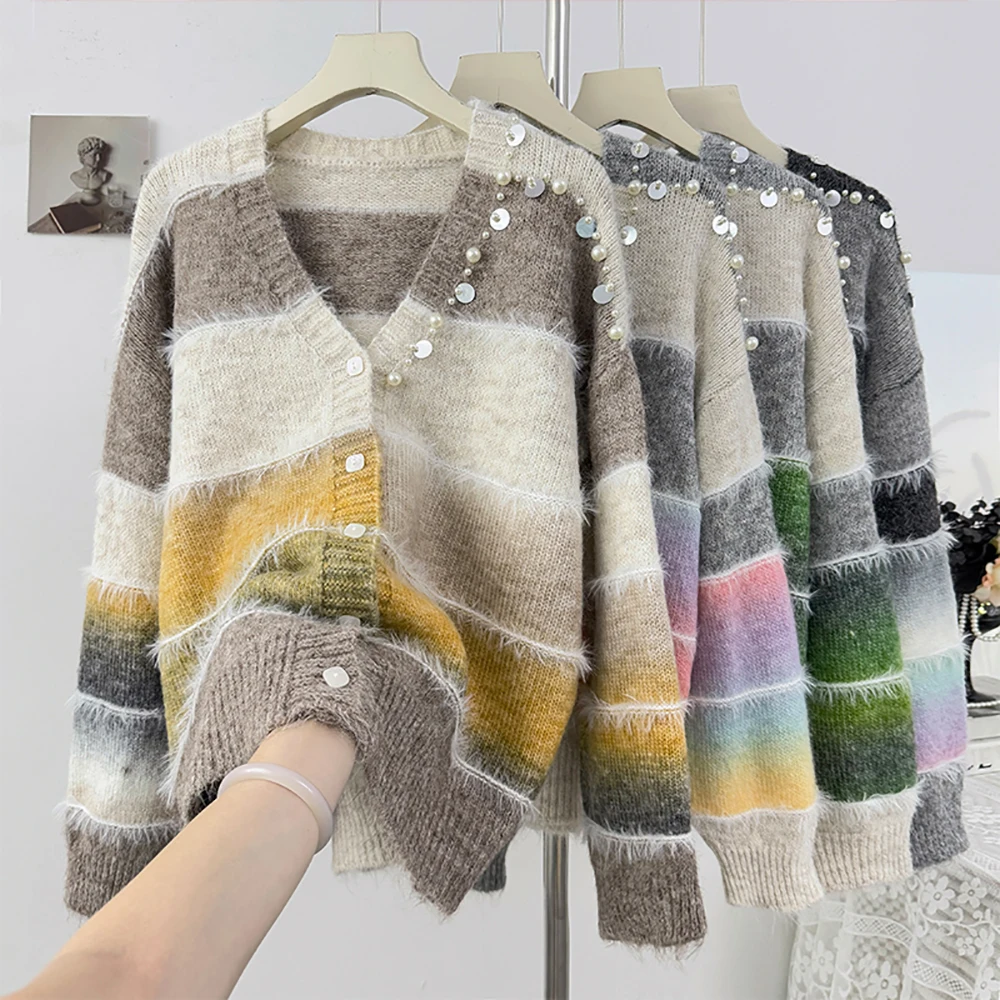 Полосатый свитер с бисером и блестками, кардиганы, женские осенне-зимние однобортные свитера контрастного цвета, верхняя одежда
Полосатый свитер с бисером и блестками, кардиганы, женские осенне-зимние однобортные свитера контрастного цвета, верхняя одежда