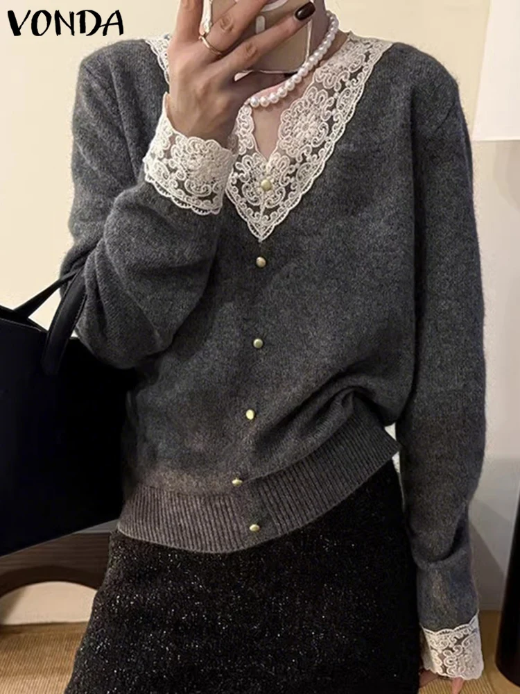 VONDA модные вязаные пуловеры, свитера, женские кружевные лоскутные джемперы с длинными рукавами, осень 2021, элегантные офисные женские трикотажные топы 
VONDA модные вязаные пуловеры, свитера, женские кружевные лоскутные джемперы с длинными рукавами, осень 2021, элегантные офисные женские трикотажные топы