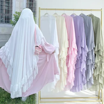 무슬림 여성용 매우 긴 프릴 2 레이어 쉬폰 Khimar (Niqab 옵션), 스위트 히잡 스카프, 이슬람 기도 헤드 커버, 라마단