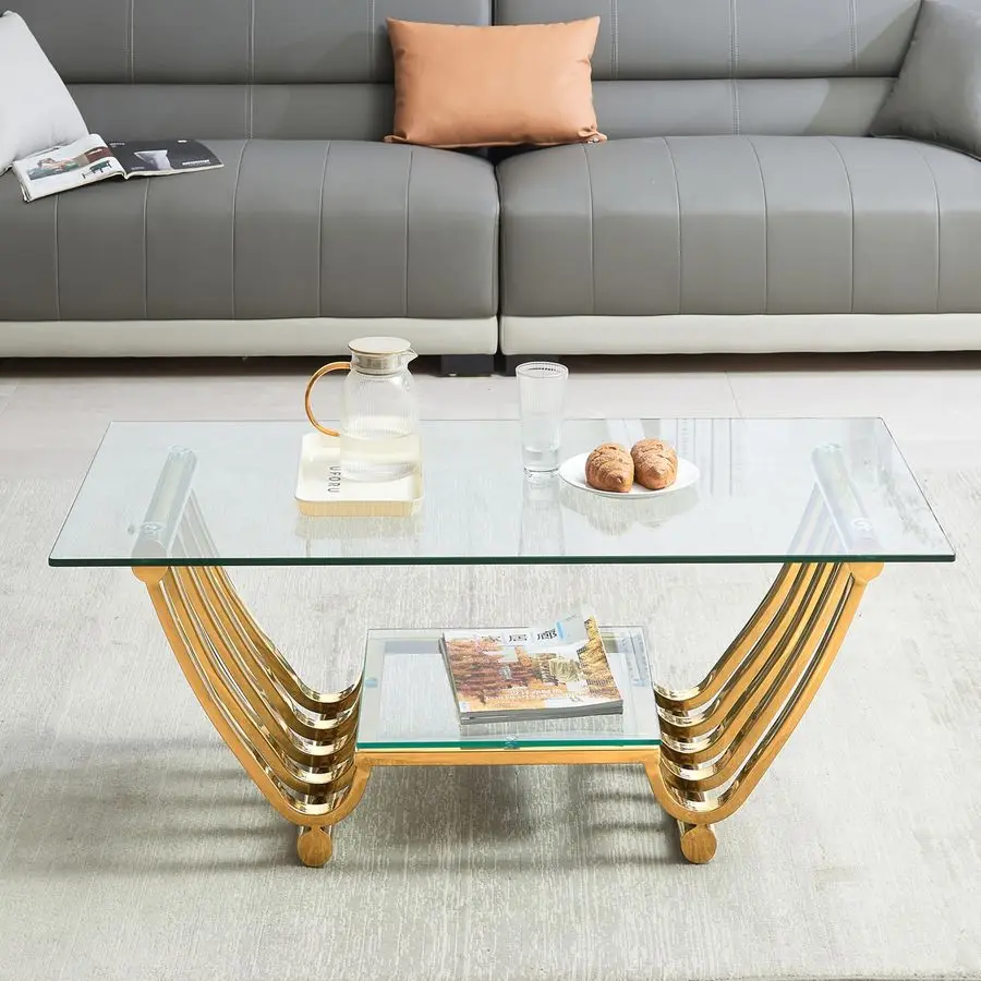 Modern Rectangle Coffee Table, DoubleLayer Clear Tempered Glass Table Top with Stainless Steel Frame, Center Table, for Living R
Modern Rectangle Coffee Table, DoubleLayer Clear Tempered Glass Table Top with Stainless Steel Frame, Center Table, for Living R