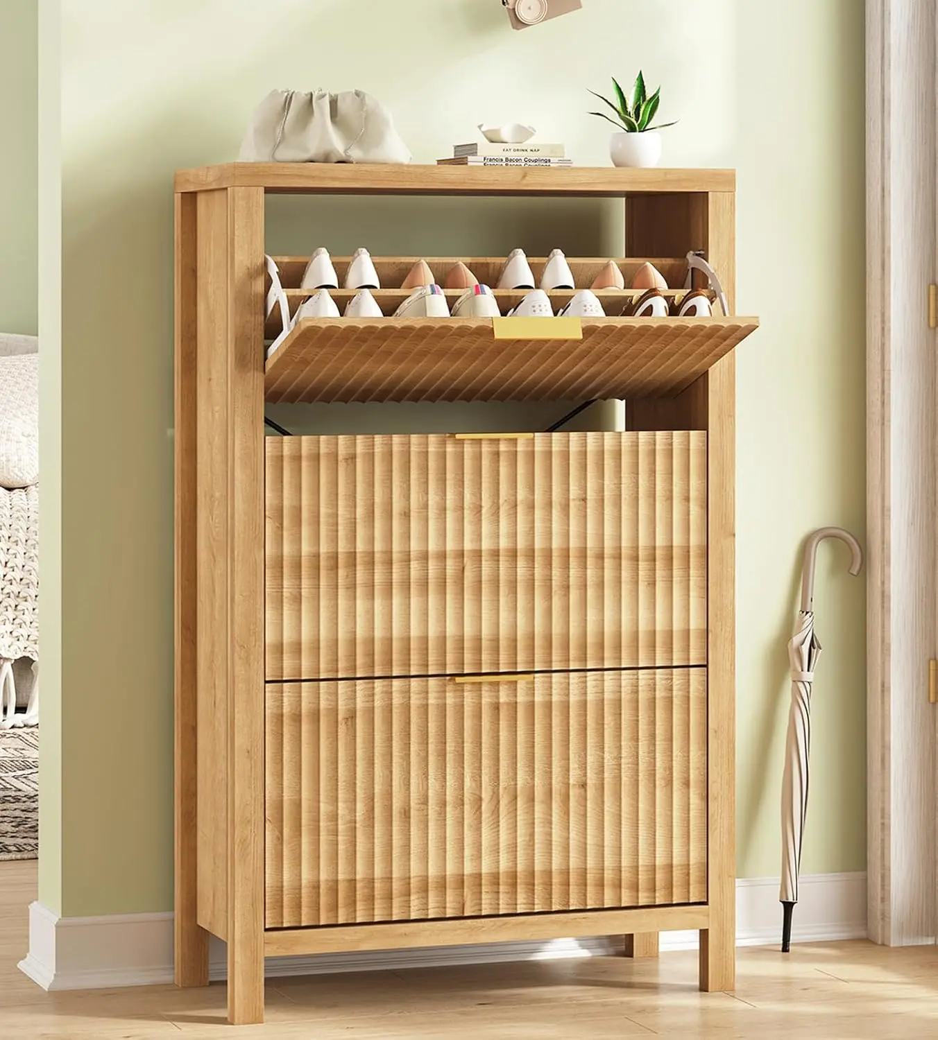 Fluted Shoe Cabinet With 3 Flip Drawers, Hidden Tall Freestanding Shoe Organizer With Legs For Entryway Hallway, Oak, Customized
Fluted Shoe Cabinet With 3 Flip Drawers, Hidden Tall Freestanding Shoe Organizer With Legs For Entryway Hallway, Oak, Customized