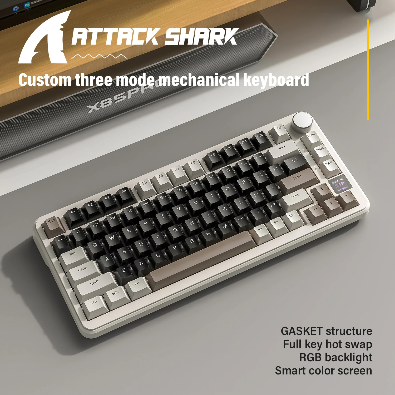 Механическая клавиатура Attack SharkX85 PRO 75% Tri Mode с умным цветным экраном, аккумулятором 4000 мАч, креплением Gasket Mount, полной поддержкой HotSwap и RGB-подсветкой
Механическая клавиатура Attack SharkX85 PRO 75% Tri Mode с умным цветным экраном, аккумулятором 4000 мАч, креплением Gasket Mount, полной поддержкой HotSwap и RGB-подсветкой 