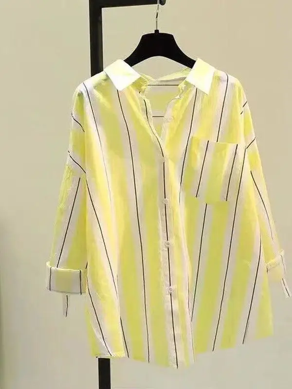 Trendy Women's plus Size Striped Shirt Korean Style Loose Fit Long Sleeve Neck Button down Mid-Length Cardigan
Trendy Women's plus Size Striped Shirt Korean Style Loose Fit Long Sleeve Neck Button down Mid-Length Cardigan