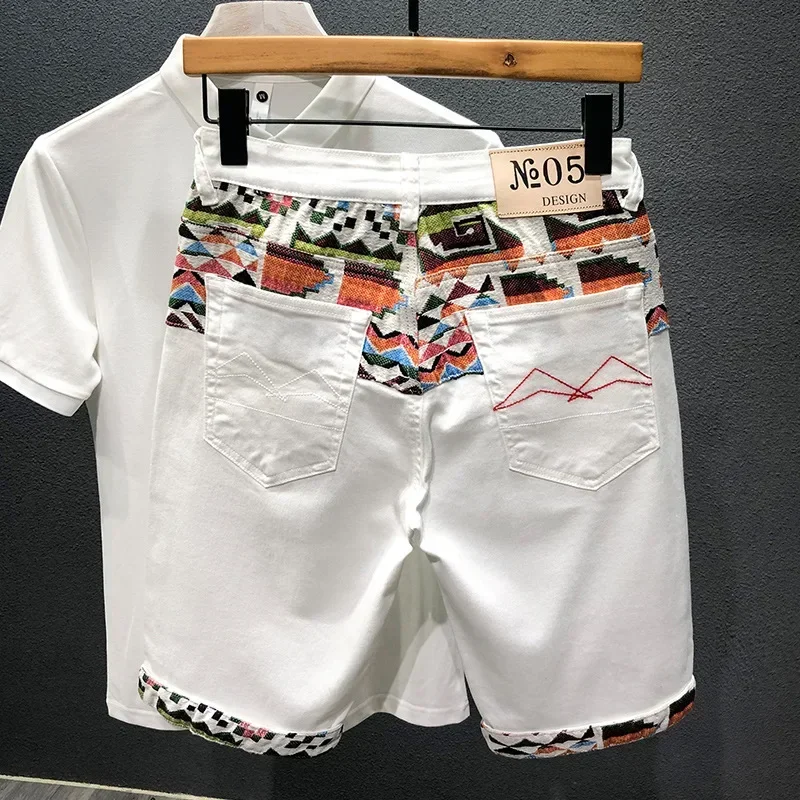 New Men's Fashion White Blue Summer Quality Jeans Stitching Black Denim Knee-length High Ripped Retro Embroidery Shorts
New Men's Fashion White Blue Summer Quality Jeans Stitching Black Denim Knee-length High Ripped Retro Embroidery Shorts