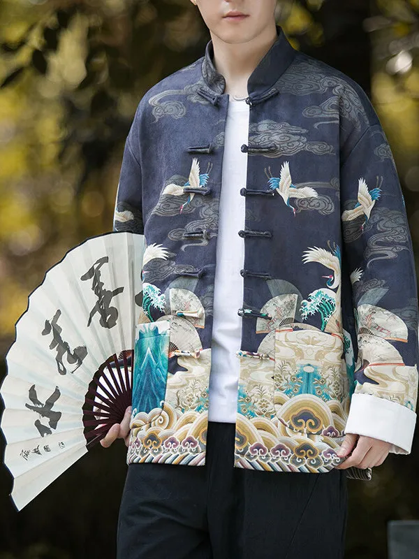 Trendy Suede Jaet Men's Autumn Winter Print Crane Design Coat Stand Collar Thiened Outerwear
Trendy Suede Jaet Men's Autumn Winter Print Crane Design Coat Stand Collar Thiened Outerwear