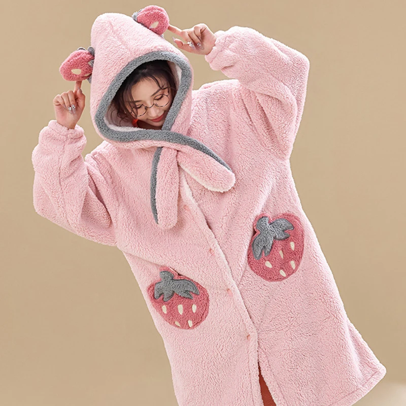 Pink Sweet Flannel Hooded Nightgown With Pockets Cute Cartoon Women's Warm Winter Coral Fleece Nightdress Calf Length Sleepdress
Pink Sweet Flannel Hooded Nightgown With Pockets Cute Cartoon Women's Warm Winter Coral Fleece Nightdress Calf Length Sleepdress