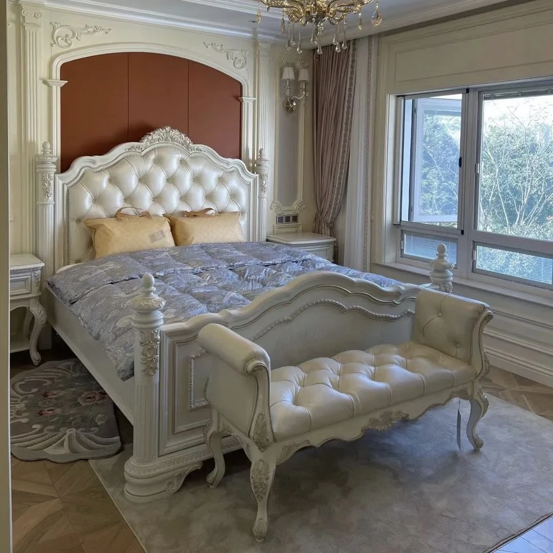 American solid wood light luxury leather master bedroom double bed white retro cream wind bed
American solid wood light luxury leather master bedroom double bed white retro cream wind bed