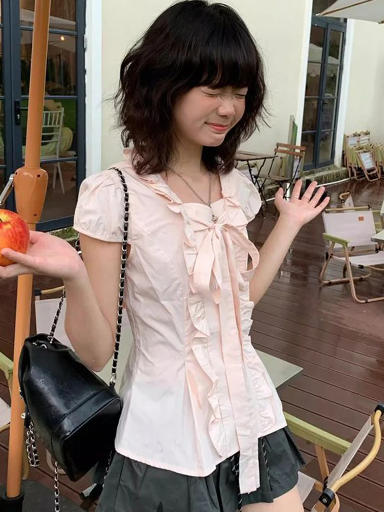 Sweet Bow Pink Ruffles Shirt Women Slim Cute Short Sleeve Chic Blouse Summer Preppy Style Female Elegant Kawaii Fashion Tops New
Sweet Bow Pink Ruffles Shirt Women Slim Cute Short Sleeve Chic Blouse Summer Preppy Style Female Elegant Kawaii Fashion Tops New