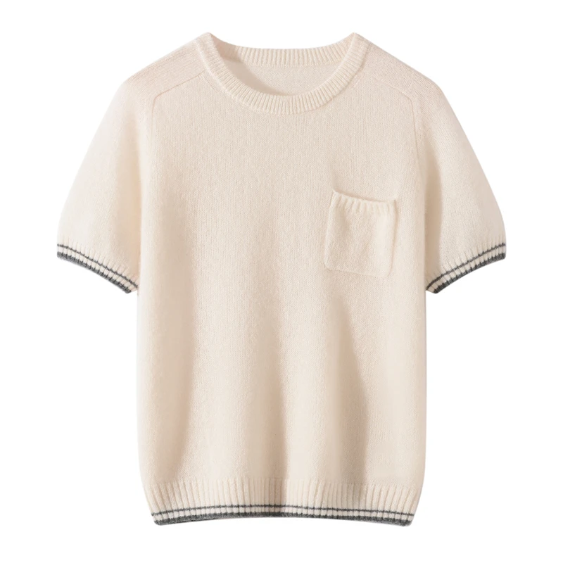 100% cashmere women's short sleeved sweater T-shirt new knitted color blocked spring and summer thin women's O-neck pullover
100% cashmere women's short sleeved sweater T-shirt new knitted color blocked spring and summer thin women's O-neck pullover