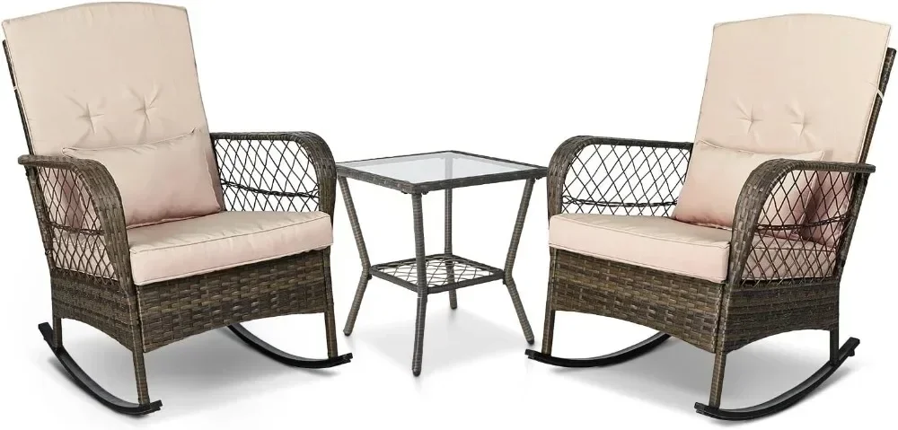Beige 3-piece Courtyard Set, Equipped with 2 Wicker Rocking Chairs and Glass Table, Suitable for Low Porch in Garden Backyard
Beige 3-piece Courtyard Set, Equipped with 2 Wicker Rocking Chairs and Glass Table, Suitable for Low Porch in Garden Backyard