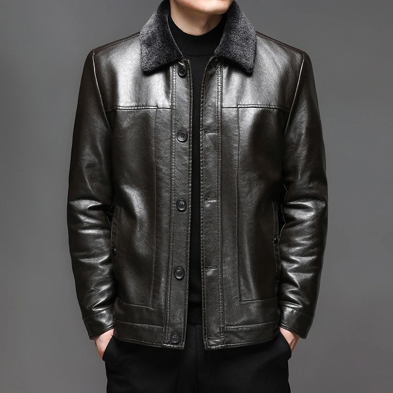 Stylish Men Black Coffee Leather Jackets Winter Autumn Warm Soft Fitting Coat Turn Down Collar Business Caasual Attire Gentlemen 
Stylish Men Black Coffee Leather Jackets Winter Autumn Warm Soft Fitting Coat Turn Down Collar Business Caasual Attire Gentlemen
