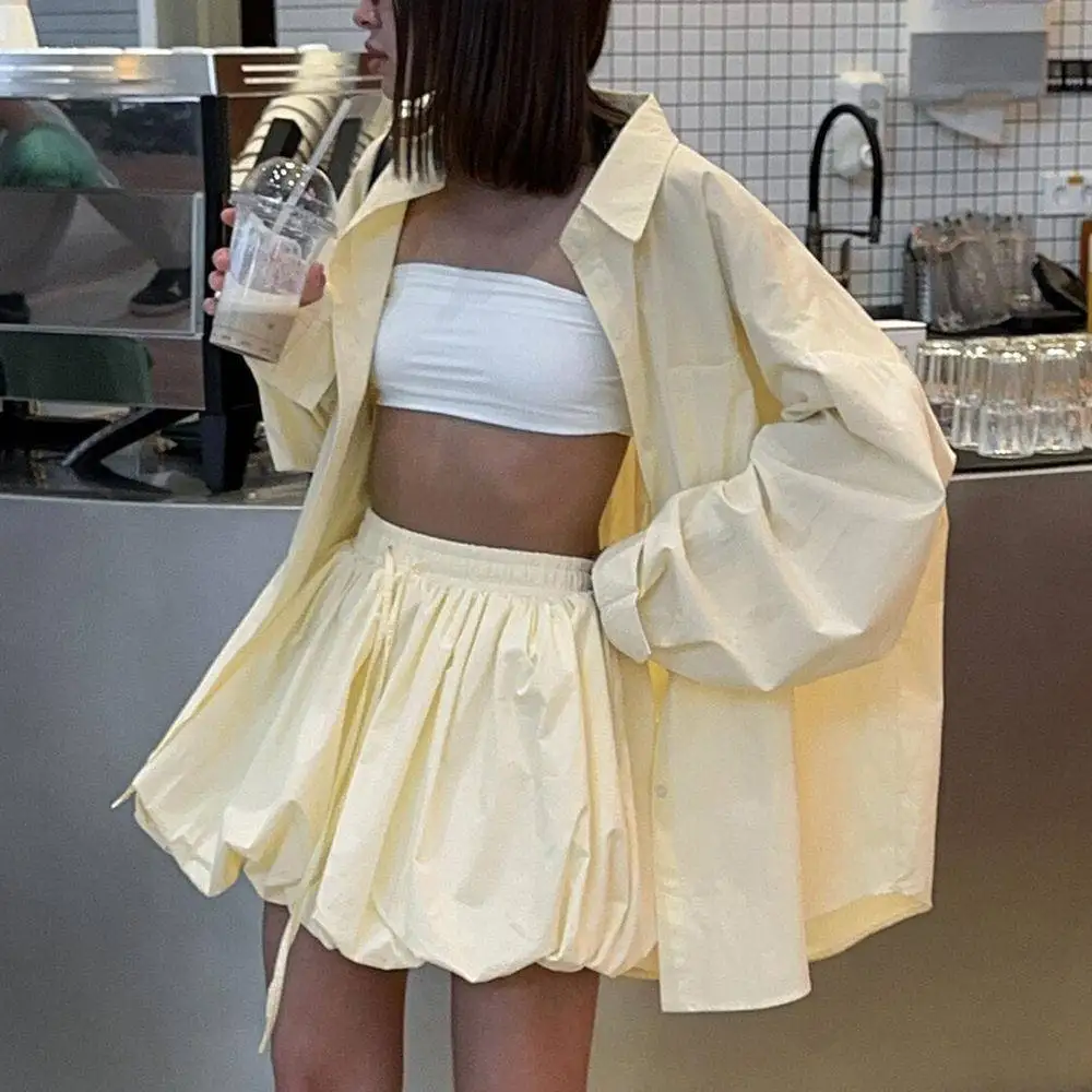 Loose Shirt And Short Skirt Set Yellow Bouffant Skirt with Belt Spring Summer New Style Casual Fashion Women's Two-Piece Suit
Loose Shirt And Short Skirt Set Yellow Bouffant Skirt with Belt Spring Summer New Style Casual Fashion Women's Two-Piece Suit