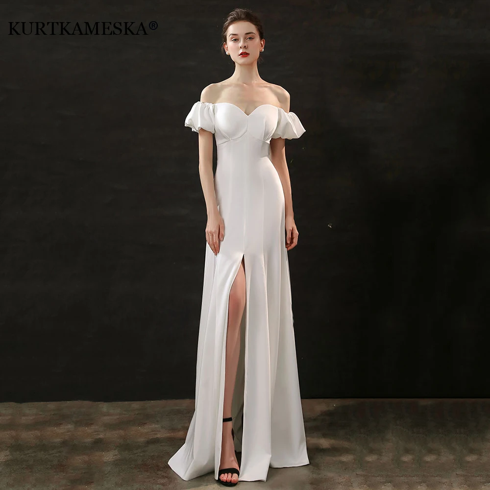 French White Satin Boat Neck Fuff Sleeve Wedding Dress for Bride Elegant Sexy High Split Evening Long Party Women Formal Dress
French White Satin Boat Neck Fuff Sleeve Wedding Dress for Bride Elegant Sexy High Split Evening Long Party Women Formal Dress
