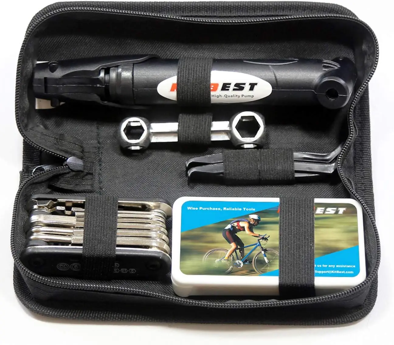 Bike Repair Tool Kit with 120PSI Mini Pump, 16-in-1 Multi Tool, Tire Patch Kit and Bag for Road & Mountain Bicycle
Bike Repair Tool Kit with 120PSI Mini Pump, 16-in-1 Multi Tool, Tire Patch Kit and Bag for Road & Mountain Bicycle