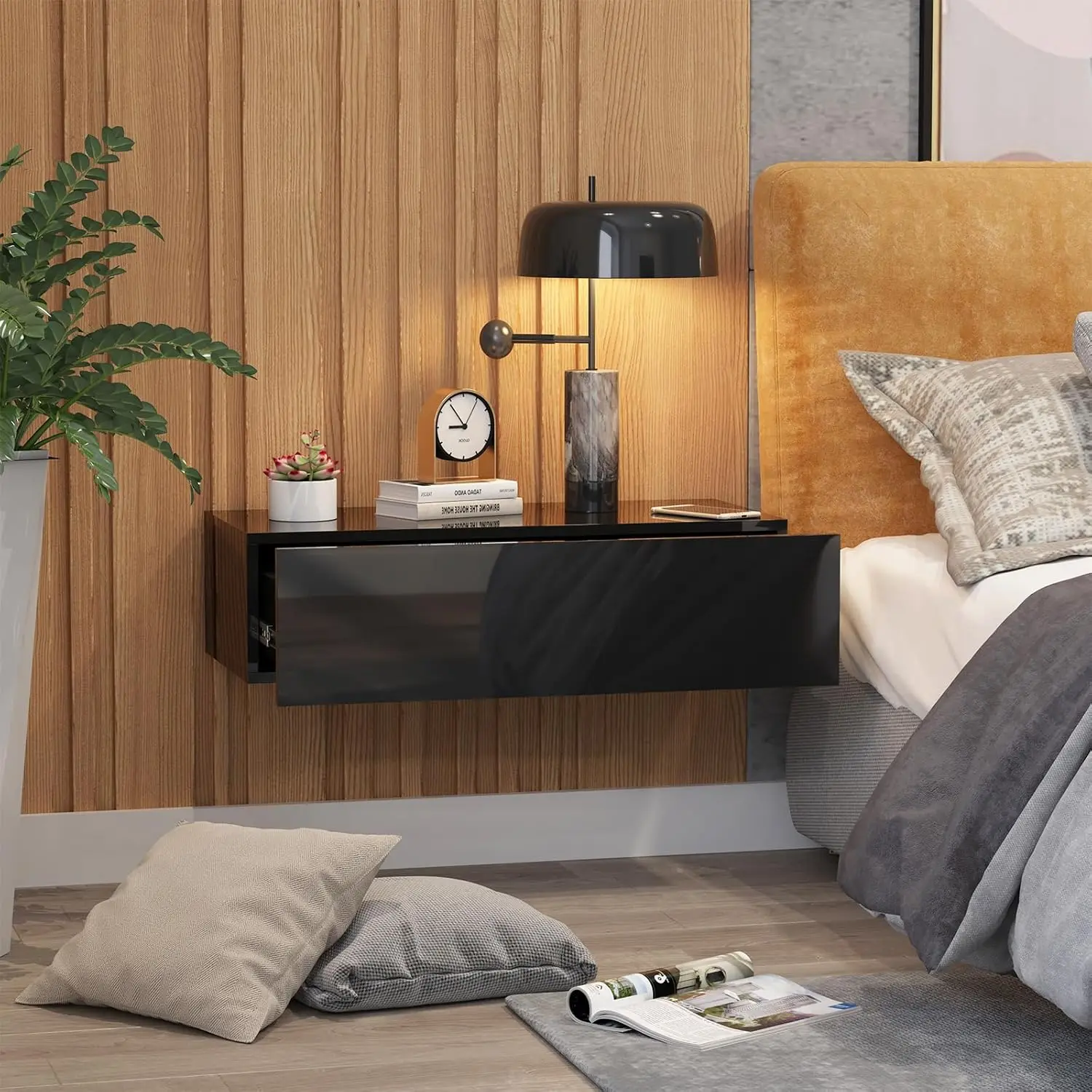Black Modern Floating Wall Mounted Nightstand With Drawer Storage Wood Bedside Table Small Wall Shelf For Bedroom, Customized
Black Modern Floating Wall Mounted Nightstand With Drawer Storage Wood Bedside Table Small Wall Shelf For Bedroom, Customized