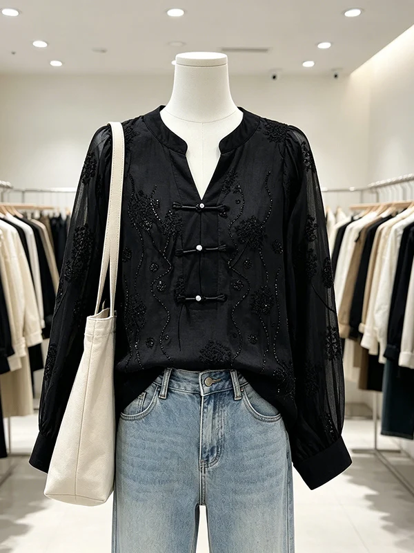 Spring Summer 2026 New Style Black Sequin Long Sleeve Chiffon Shirt Women's Large Size Design Chinese National Style Blouse
Spring Summer 2026 New Style Black Sequin Long Sleeve Chiffon Shirt Women's Large Size Design Chinese National Style Blouse