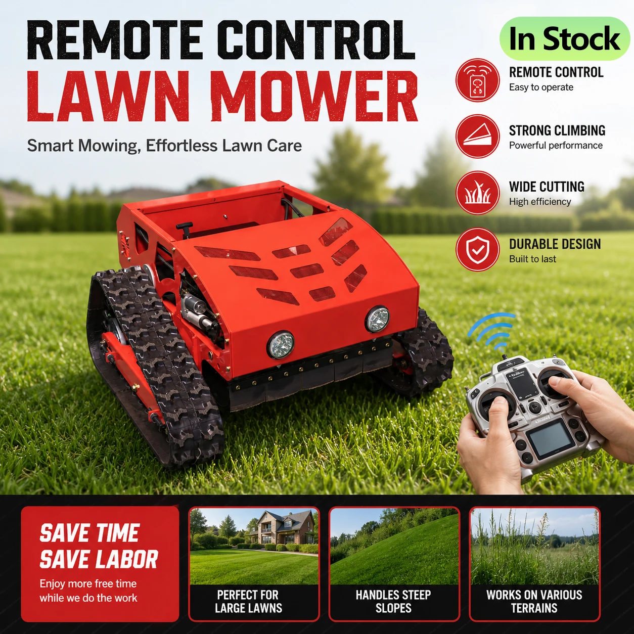 224CC Crawler Weed Cutter 9HP Lawn Mower Remote Control Tracked Lawn Mower 55cm Cutting Width Gas Engine RC Mower for Slope
224CC Crawler Weed Cutter 9HP Lawn Mower Remote Control Tracked Lawn Mower 55cm Cutting Width Gas Engine RC Mower for Slope