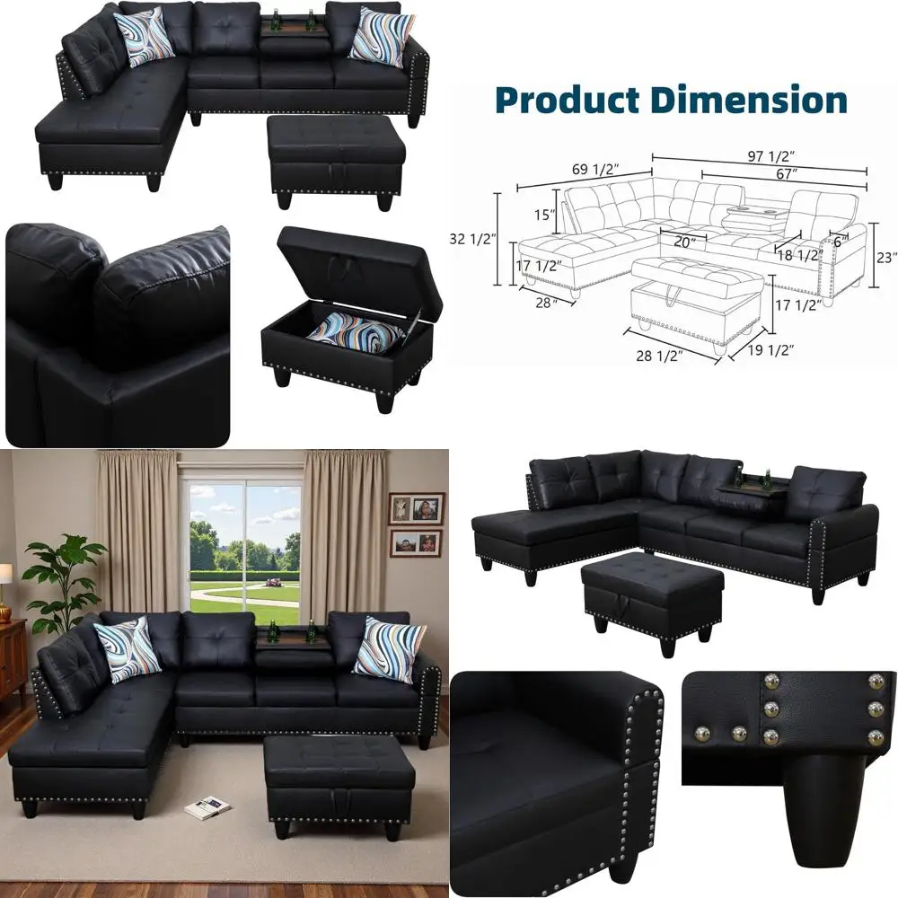 97.5 L-Shaped Leather Sofa Set with Storage Ottoman and Chaise for 4-Seat Living Room in Black
97.5 L-Shaped Leather Sofa Set with Storage Ottoman and Chaise for 4-Seat Living Room in Black