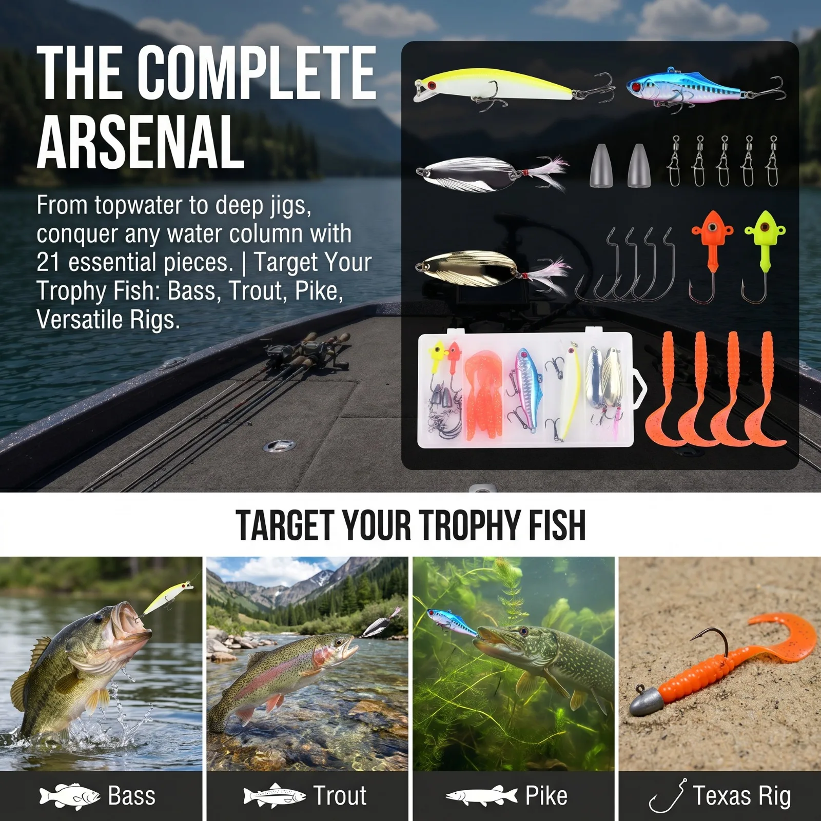 Complete Fishing Lure Set Hard Soft Lures Minnow VIB Spoon Texas Rig Kit for Freshwater Saltwater,Anglers Tackle
Complete Fishing Lure Set Hard Soft Lures Minnow VIB Spoon Texas Rig Kit for Freshwater Saltwater,Anglers Tackle