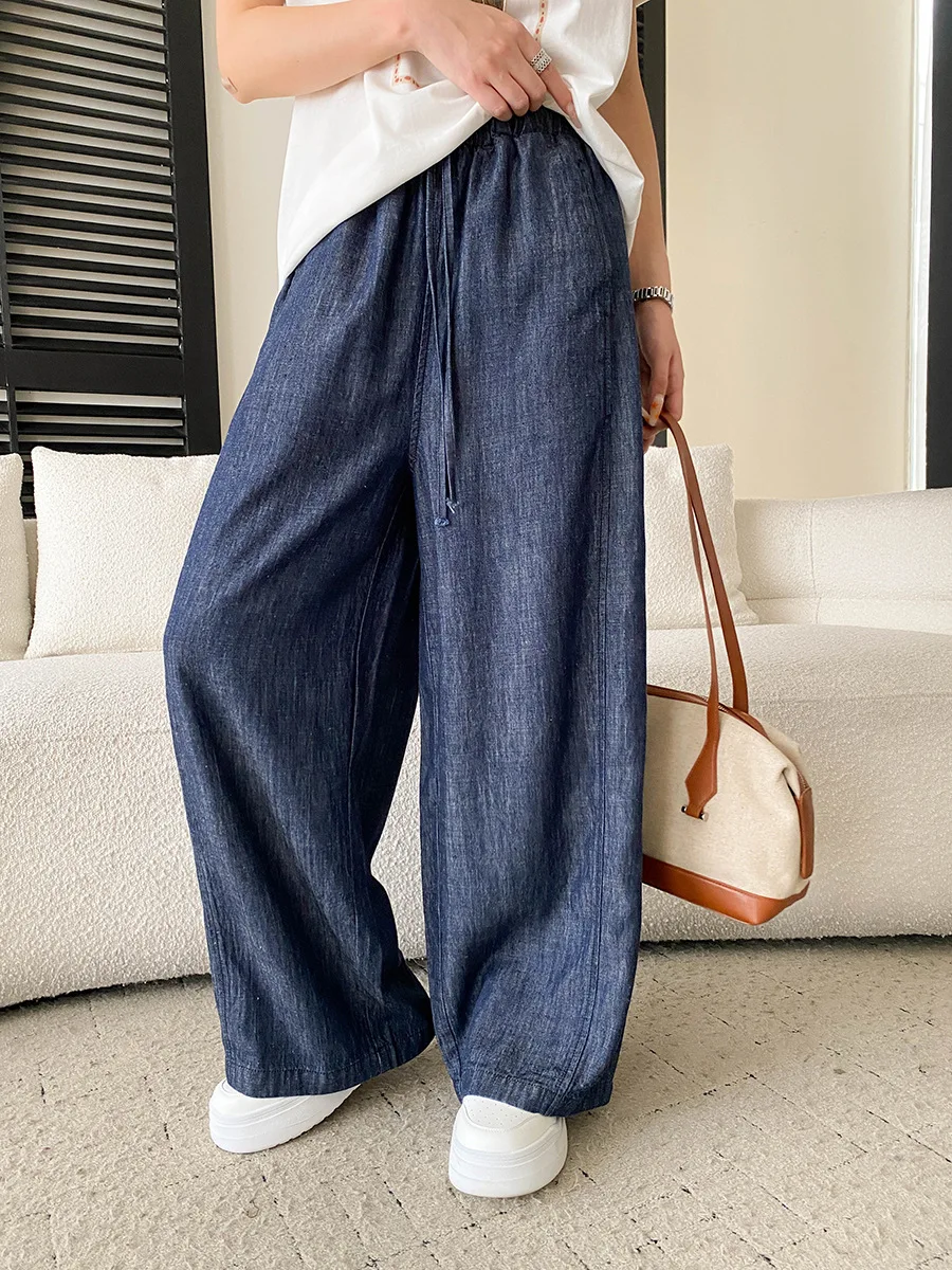 Summer women's casual solid color drawstring elastic waist wide leg mop jeans
Summer women's casual solid color drawstring elastic waist wide leg mop jeans