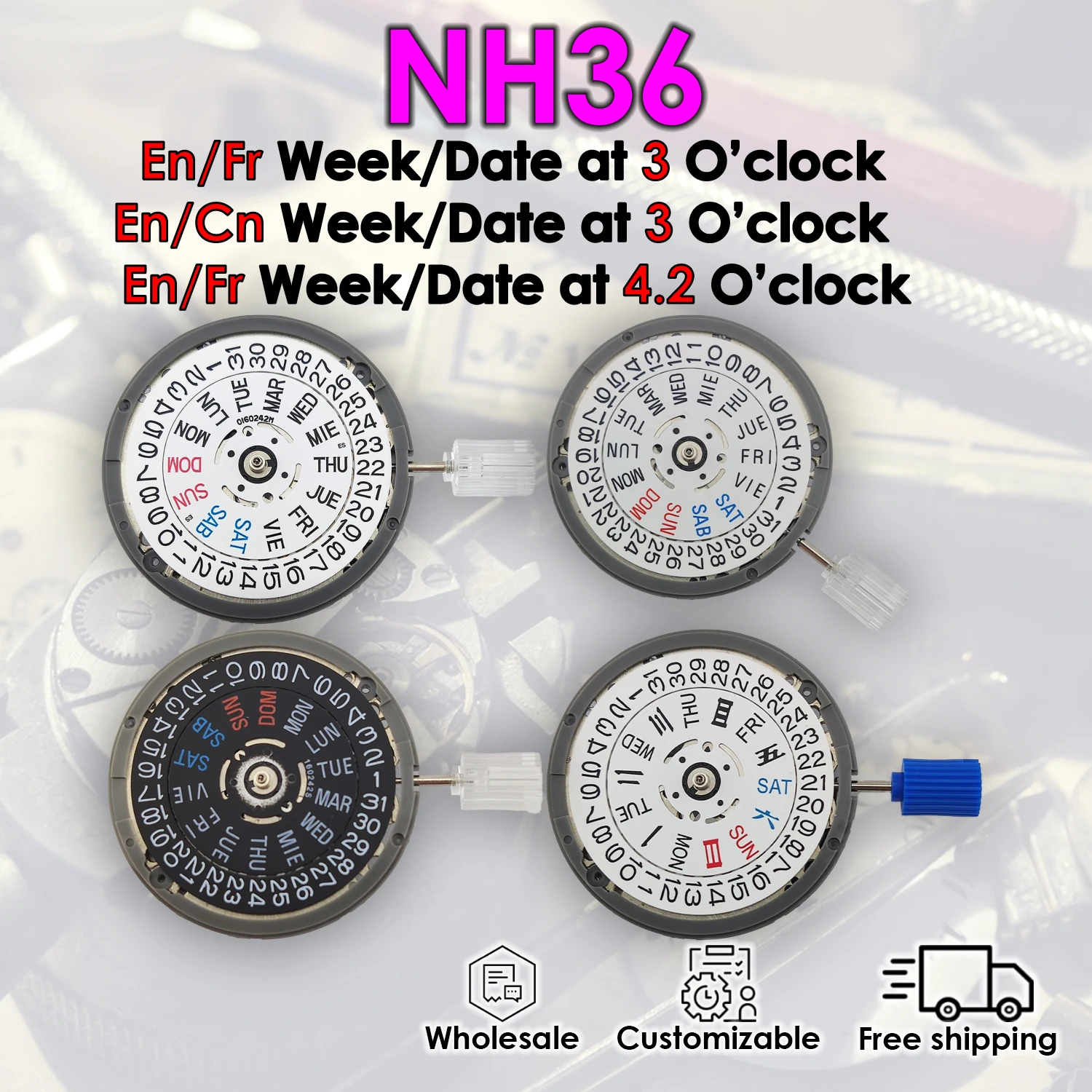 NH36 Movement Automatic Watch parts White Fr/Cn/En Week display 21 Jewel Customizable Accuracy Watch accessory
NH36 Movement Automatic Watch parts White Fr/Cn/En Week display 21 Jewel Customizable Accuracy Watch accessory