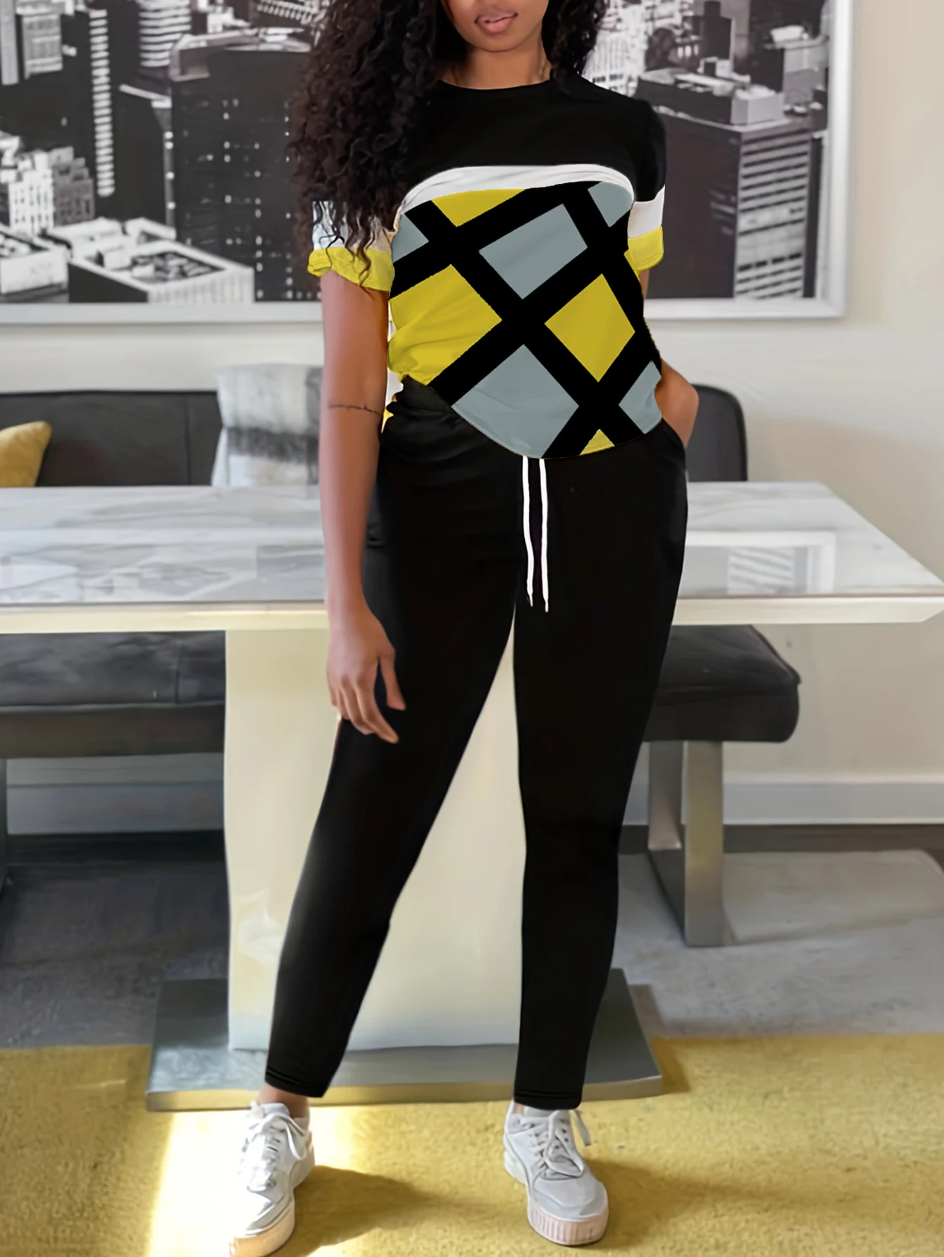 LW Color Block Two Pieces Pants Suits Women's Drawstring 2pcs Outfits For Spring & Summer Patchwork Geometric Pattern Pants Set
LW Color Block Two Pieces Pants Suits Women's Drawstring 2pcs Outfits For Spring & Summer Patchwork Geometric Pattern Pants Set