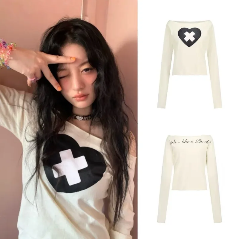 ILLITS Spring Sweet Spicy Style Long Sleeve T-shirt Off Shoulder Heart Pattern Slim Fit Casual Fashion Tops for Women Daily
ILLITS Spring Sweet Spicy Style Long Sleeve T-shirt Off Shoulder Heart Pattern Slim Fit Casual Fashion Tops for Women Daily