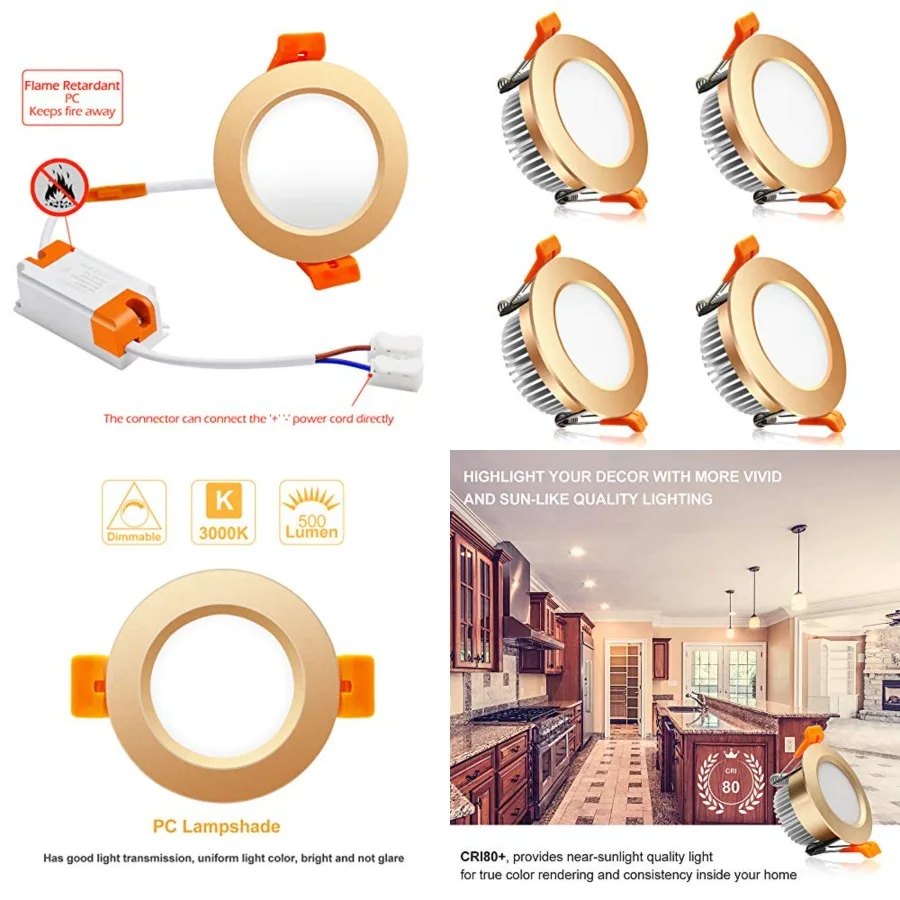 3 Inch LED Recessed Lighting, Dimmable Downlight 5W 40W Halogen Equivalent,3000K Warm White Ceiling Light, CRI80, Gold Trim wit
3 Inch LED Recessed Lighting, Dimmable Downlight 5W 40W Halogen Equivalent,3000K Warm White Ceiling Light, CRI80, Gold Trim wit