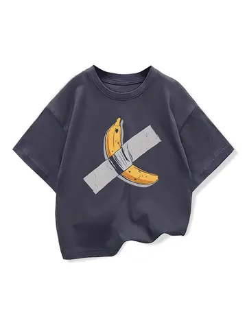 Children Clothes Bananas on the wall Graphic Kids Fashion Short Sleeve T-shirt Popular Design Kids Crewneck Loose Cotton Tees