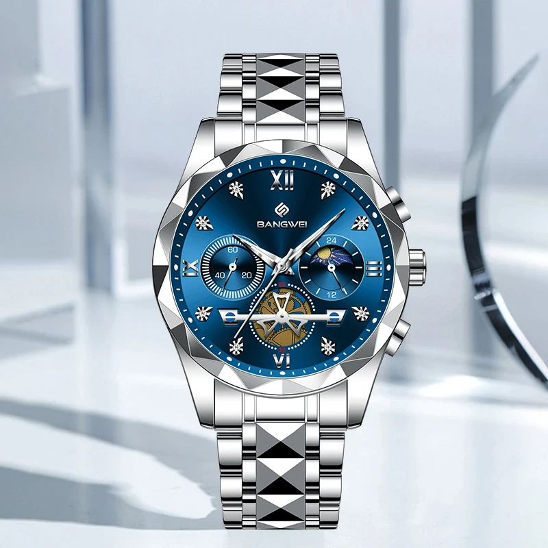 BANGWEI Luxury Men's Watch Unique Design Stainless Steel Business Fashion 24 Hour Moon Phase Luminous Waterproof Man Watches New
BANGWEI Luxury Men's Watch Unique Design Stainless Steel Business Fashion 24 Hour Moon Phase Luminous Waterproof Man Watches New