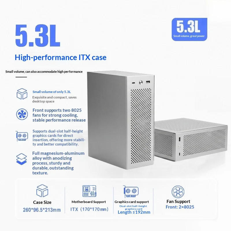 5.3L Mini ITX Case - Full Magnesium-Aluminum, 0.8kg, Semi-Height GPU Support, Dual 8025 Fans, Flex 1U PSU
5.3L Mini ITX Case - Full Magnesium-Aluminum, 0.8kg, Semi-Height GPU Support, Dual 8025 Fans, Flex 1U PSU