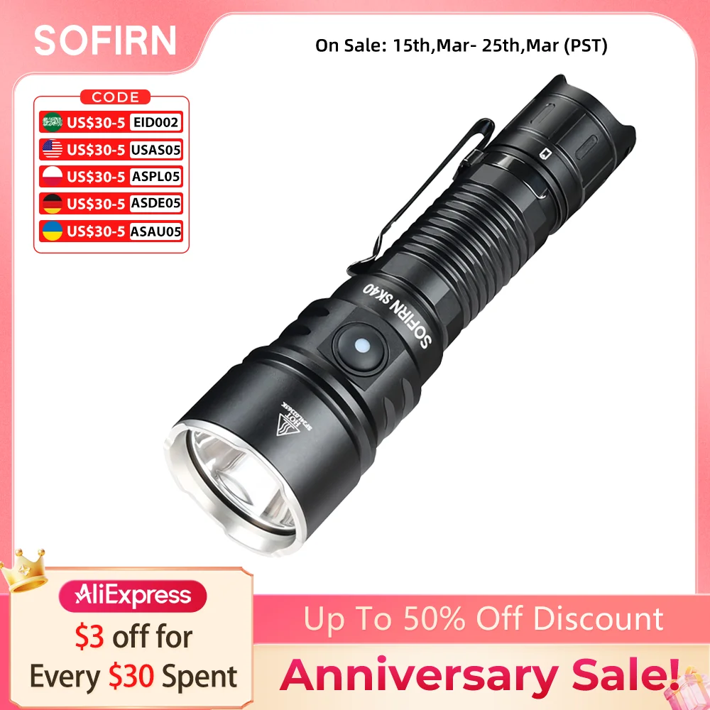Sofirn SK40 3200lm Powerful Tactical Flashlight SFT70 LED Light 21700 USB C Rechargeable Long-distance 580m EDC Torch IP68 Lamp
Sofirn SK40 3200lm Powerful Tactical Flashlight SFT70 LED Light 21700 USB C Rechargeable Long-distance 580m EDC Torch IP68 Lamp