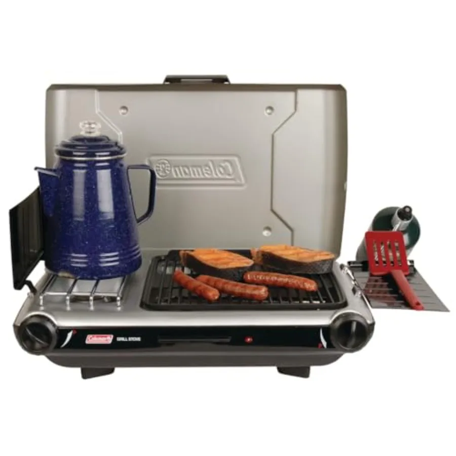 Tabletop 2-in-1 Grill Stove for camping and tailgating, stainless steel, black, 2 adjustable burners with push-button starter,
Tabletop 2-in-1 Grill Stove for camping and tailgating, stainless steel, black, 2 adjustable burners with push-button starter,